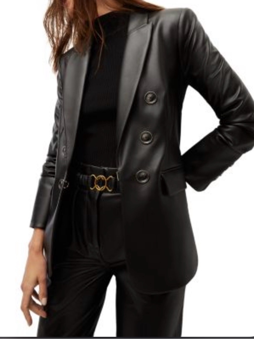 Veronica Beard Black Double-Breasted Faux-Leather Blazer